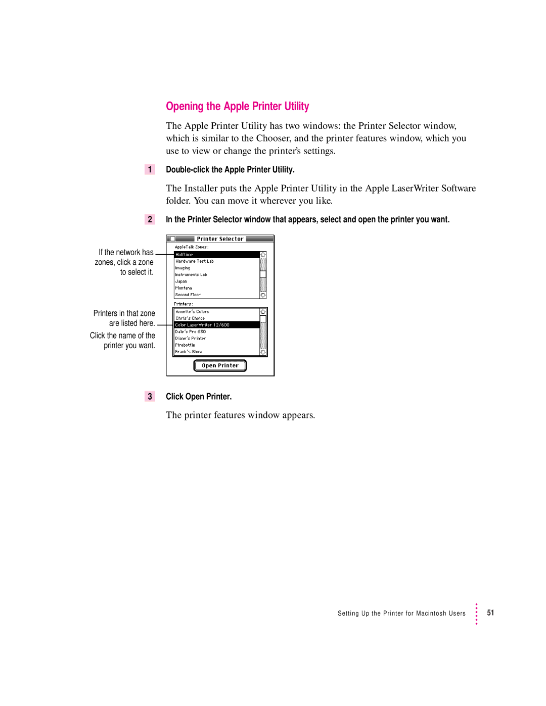 Apple 12/600PS Opening the Apple Printer Utility, Printer features window appears, Double-click the Apple Printer Utility 