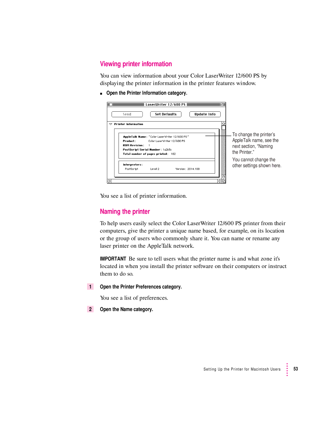 Apple 12/600PS manual Viewing printer information, Naming the printer, You see a list of printer information 