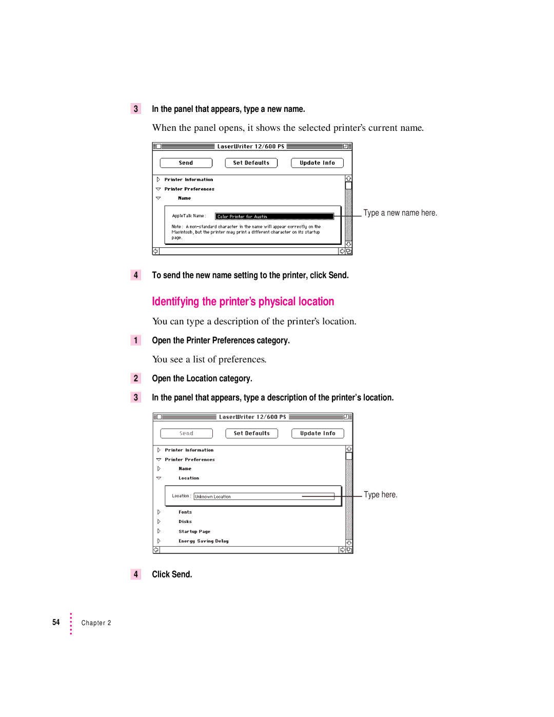 Apple 12/600PS manual Identifying the printer’s physical location, You can type a description of the printer’s location 