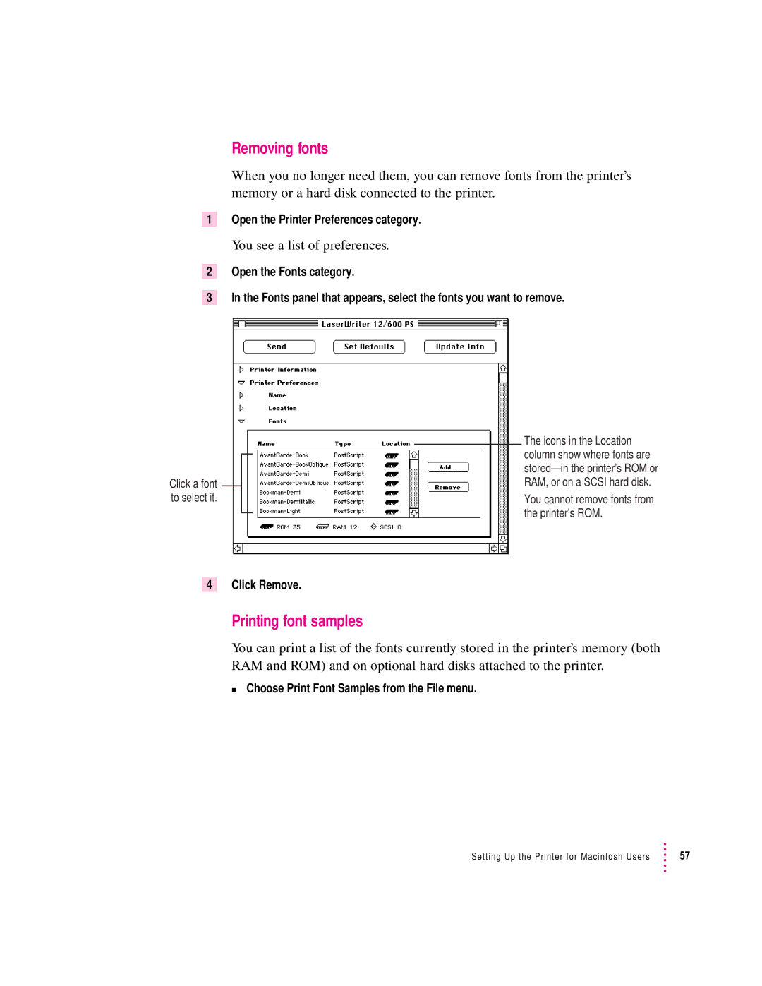 Apple 12/600PS manual Removing fonts, Printing font samples, Click Remove, Choose Print Font Samples from the File menu 