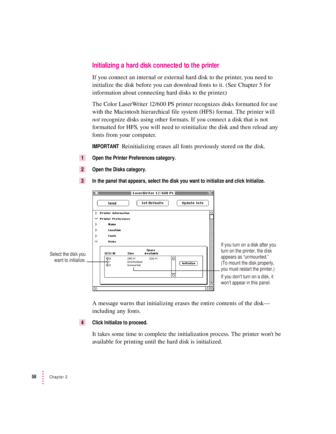 Apple 12/600PS manual Initializing a hard disk connected to the printer, Click Initialize to proceed 