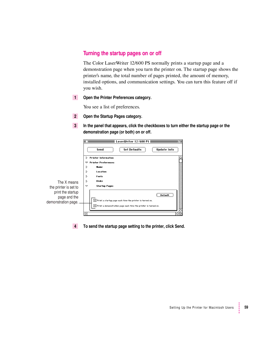 Apple 12/600PS manual Turning the startup pages on or off, To send the startup page setting to the printer, click Send 