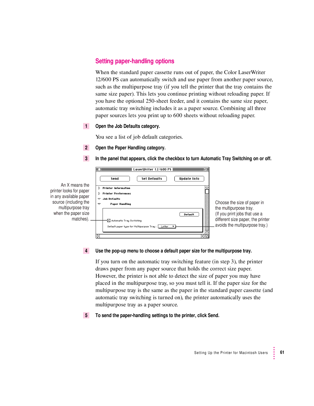 Apple 12/600PS Setting paper-handling options, You see a list of job default categories, Open the Job Defaults category 