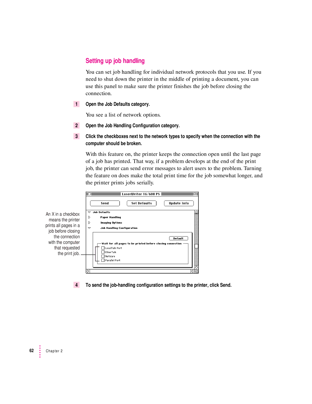 Apple 12/600PS manual Setting up job handling, You see a list of network options 