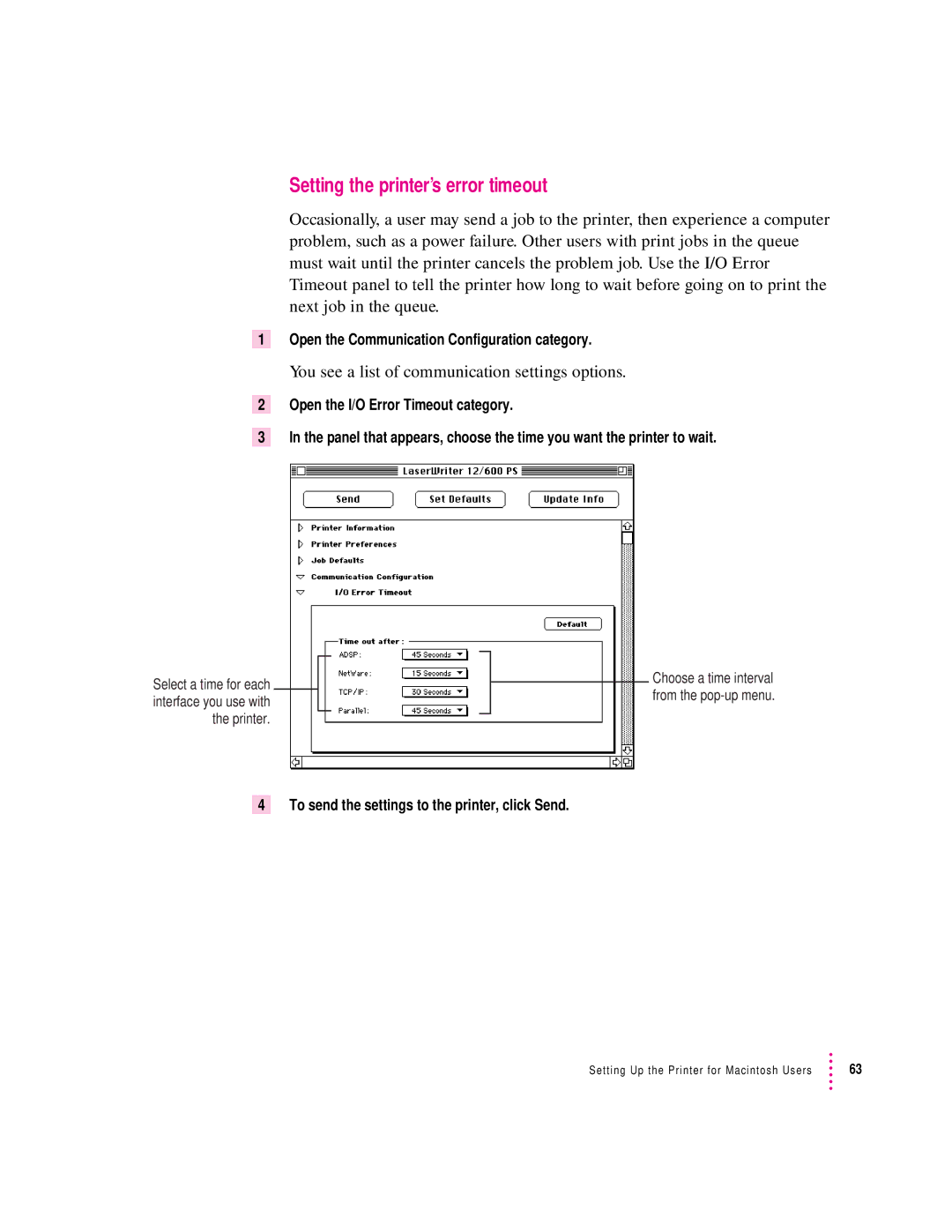 Apple 12/600PS manual Setting the printer’s error timeout, You see a list of communication settings options 