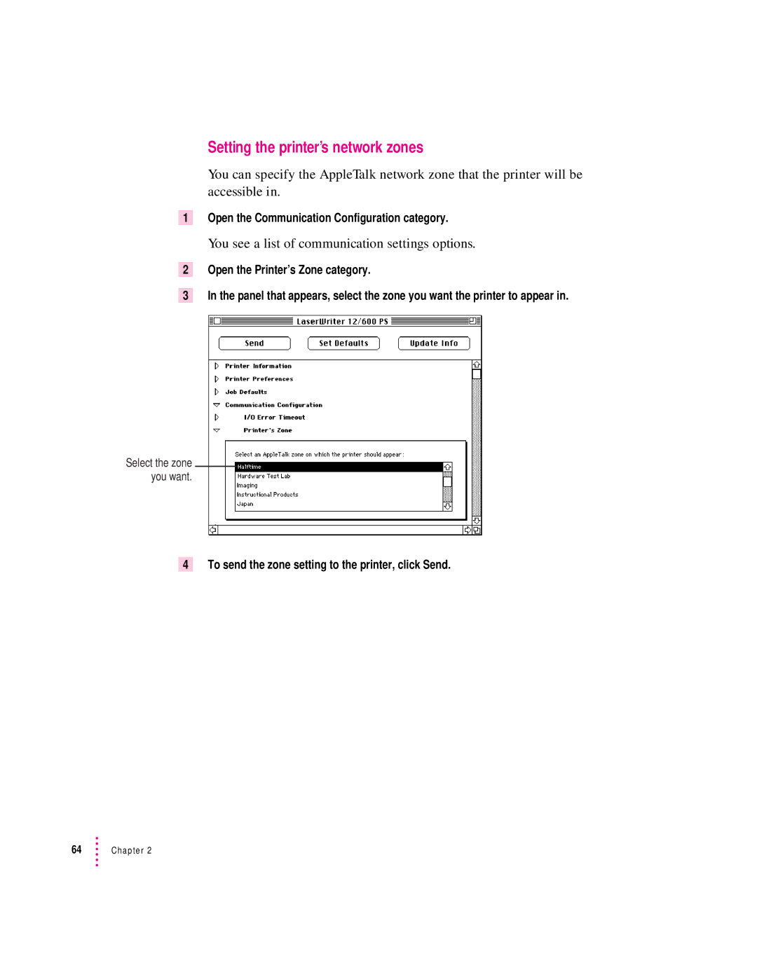 Apple 12/600PS manual Setting the printer’s network zones, To send the zone setting to the printer, click Send 