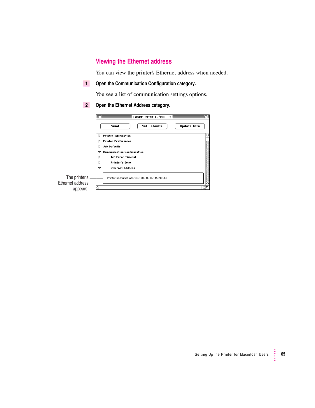 Apple 12/600PS manual Viewing the Ethernet address, You can view the printer’s Ethernet address when needed 