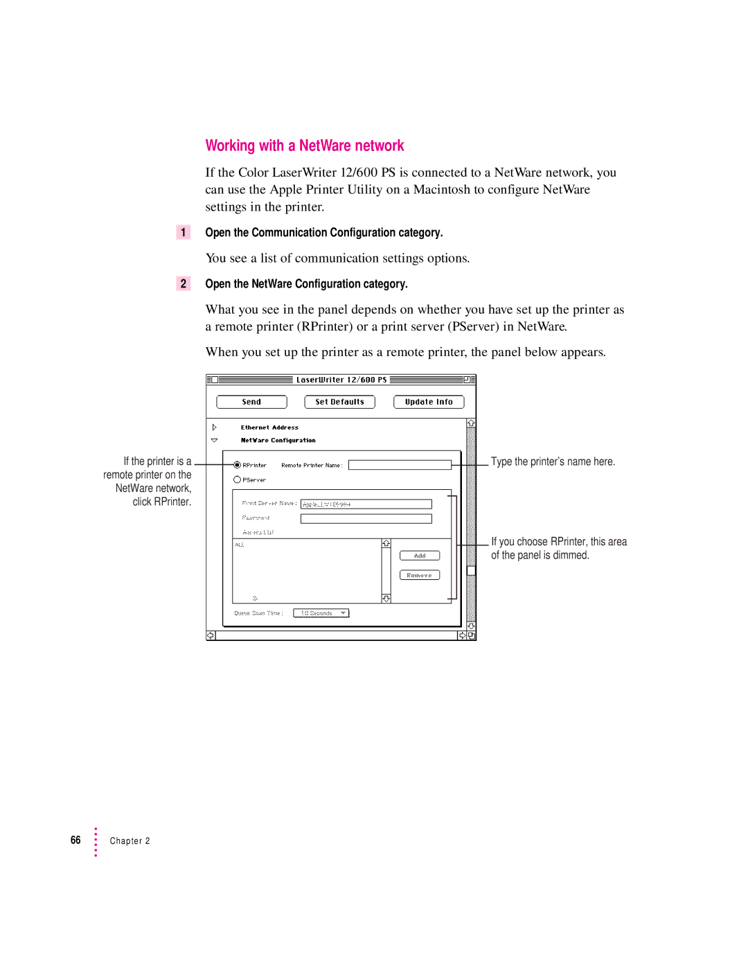 Apple 12/600PS manual Working with a NetWare network, Open the NetWare Configuration category 