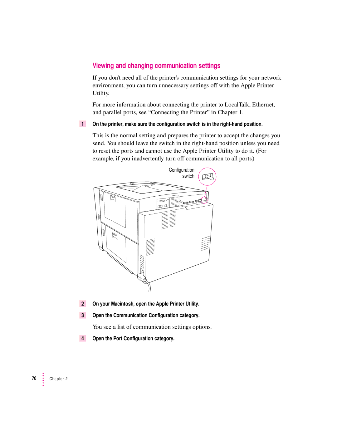 Apple 12/600PS manual Viewing and changing communication settings, Open the Port Configuration category 