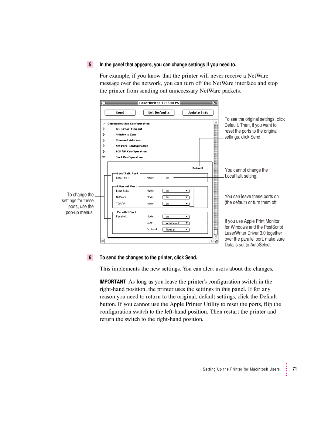 Apple 12/600PS manual Panel that appears, you can change settings if you need to, You cannot change LocalTalk setting 