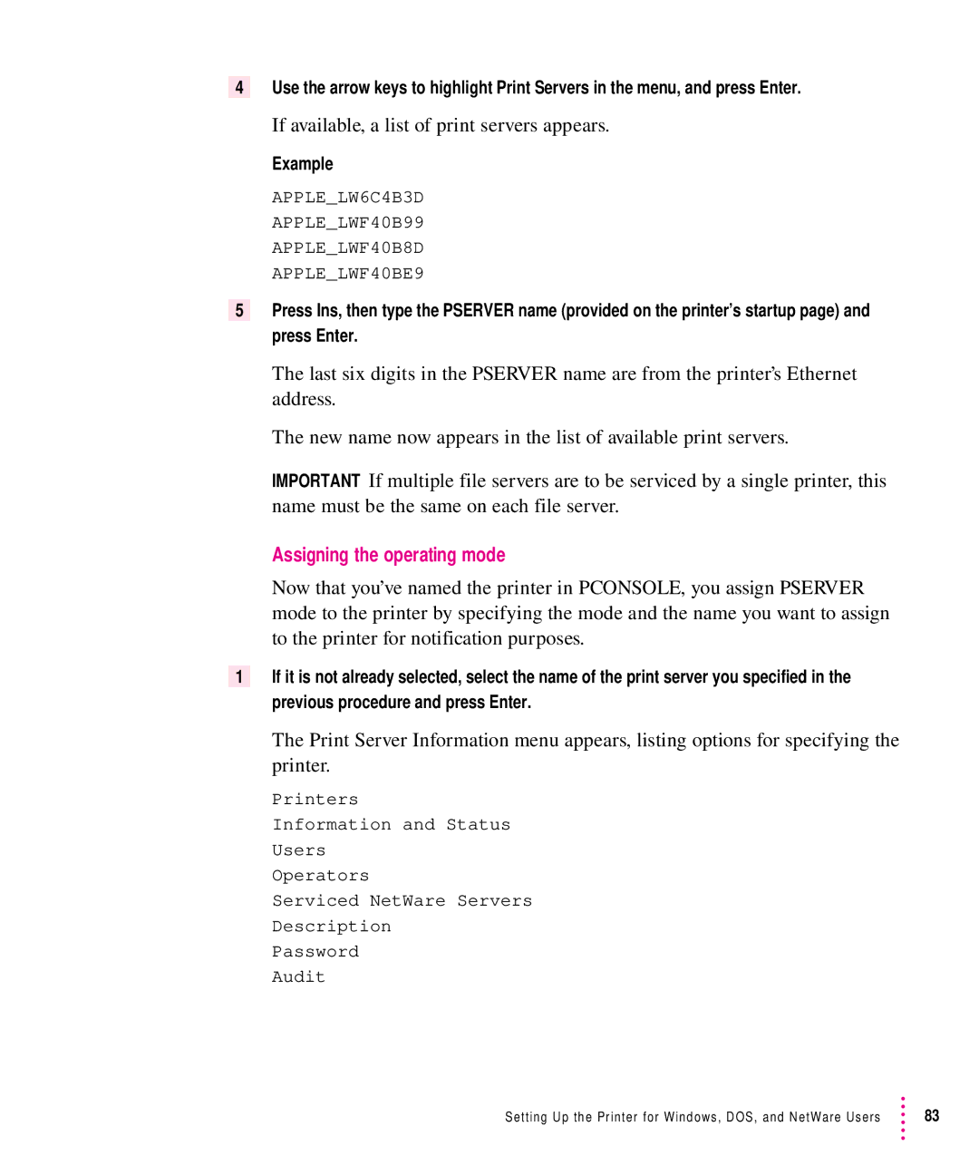 Apple 12/640PS manual If available, a list of print servers appears, Assigning the operating mode, Example 