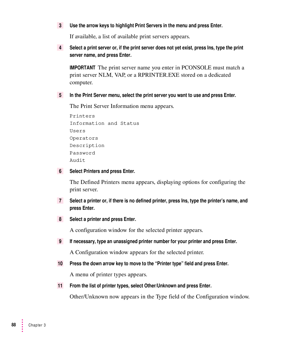 Apple 12/640PS manual If available, a list of available print servers appears, Print Server Information menu appears 