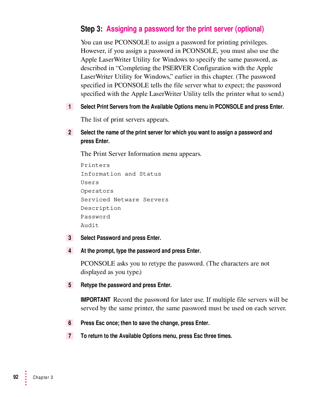 Apple 12/640PS manual Assigning a password for the print server optional, List of print servers appears 