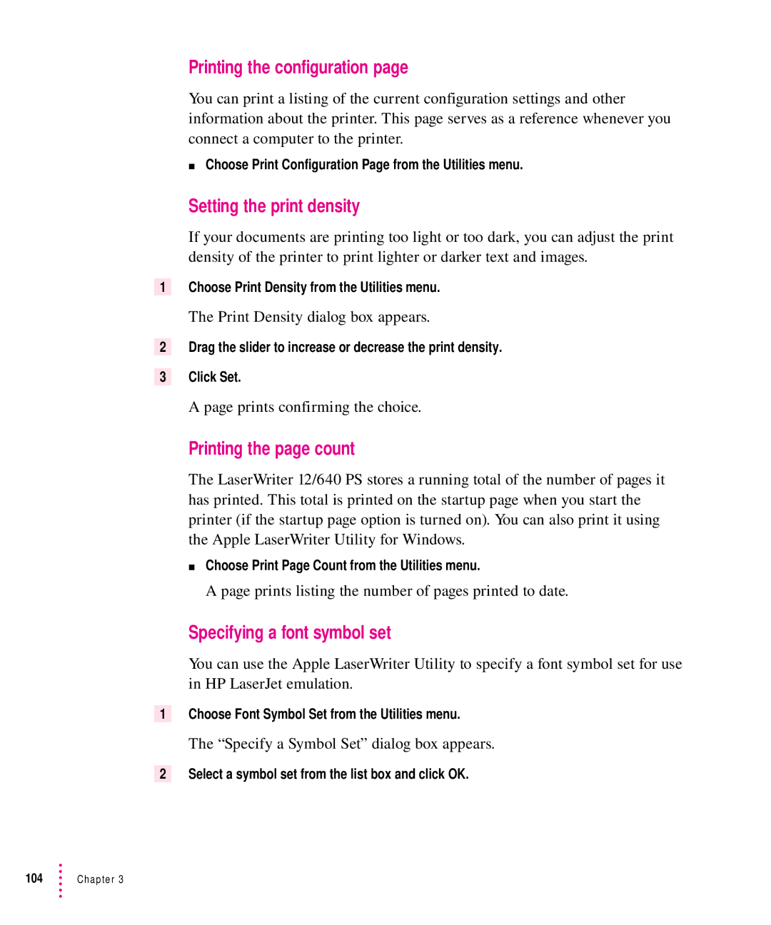 Apple 12/640PS manual Printing the configuration, Printing the page count, Specifying a font symbol set 