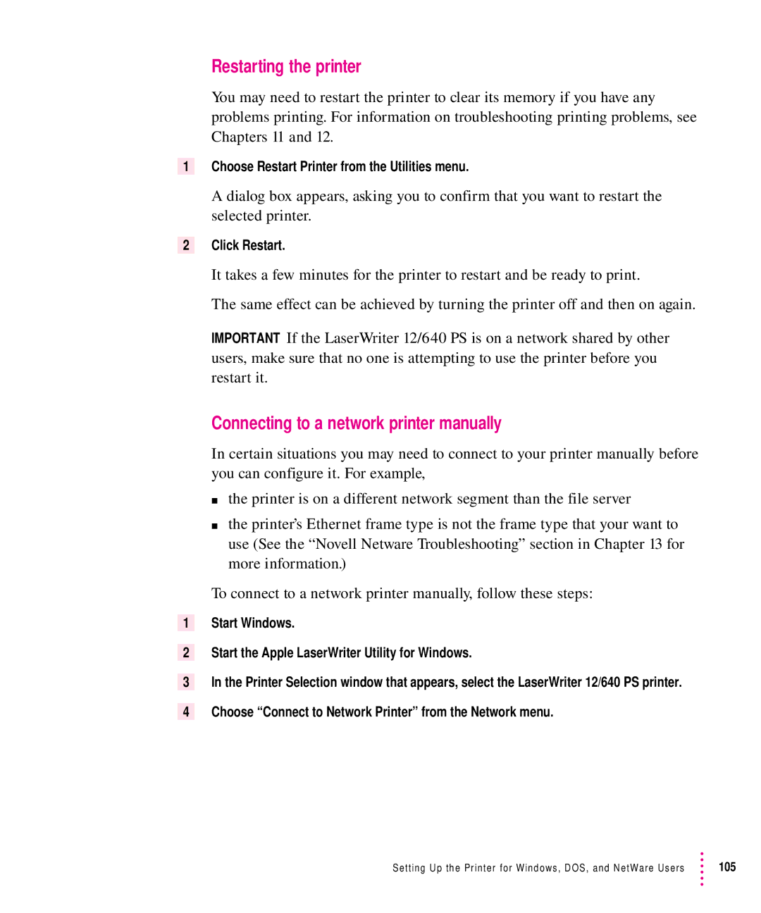 Apple 12/640PS Connecting to a network printer manually, Choose Restart Printer from the Utilities menu, Click Restart 