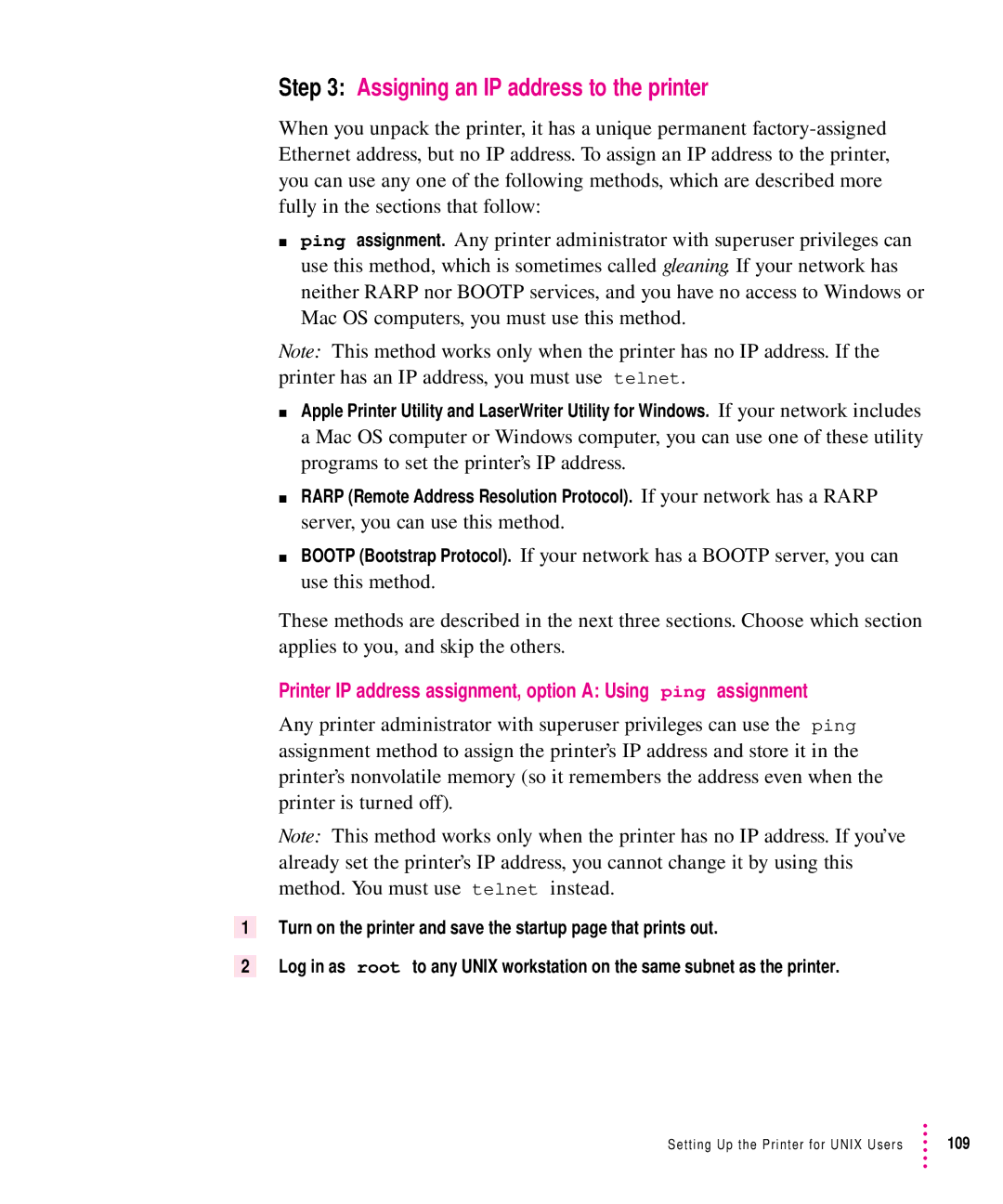 Apple 12/640PS manual Assigning an IP address to the printer 