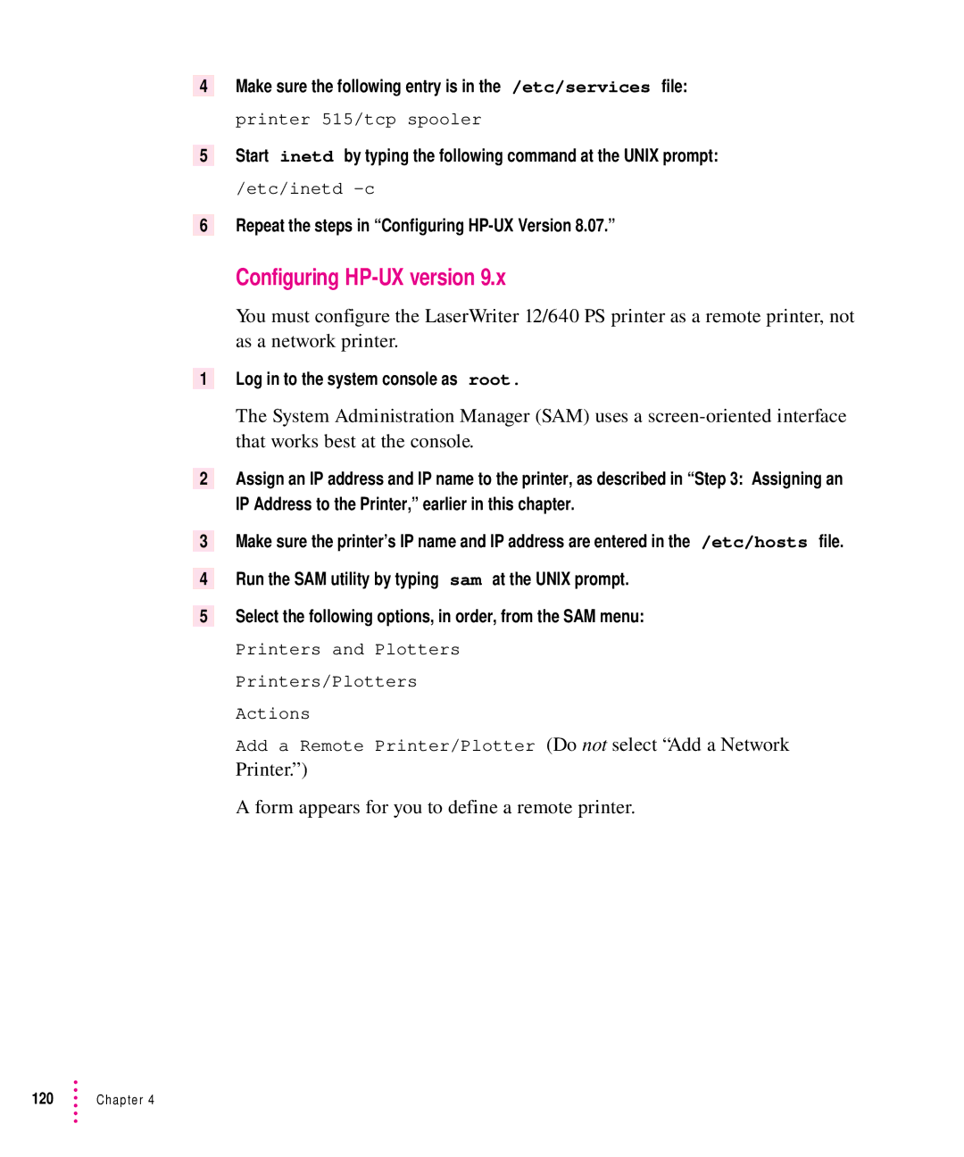 Apple 12/640PS manual Form appears for you to define a remote printer, Repeat the steps in Configuring HP-UX Version 