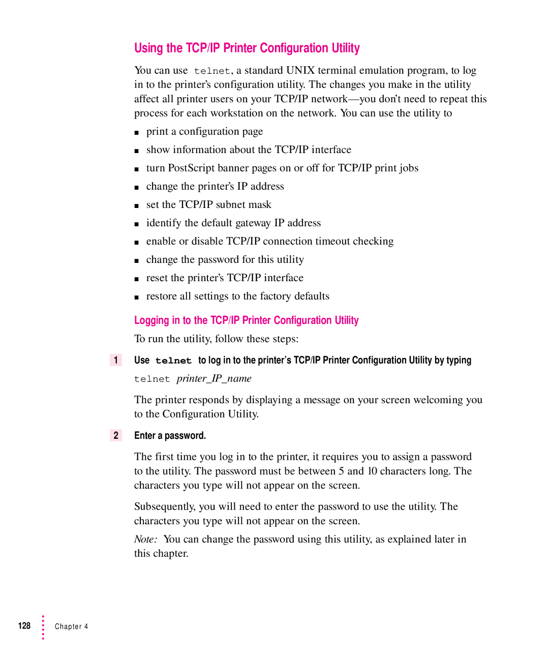 Apple 12/640PS Using the TCP/IP Printer Configuration Utility, Logging in to the TCP/IP Printer Configuration Utility 