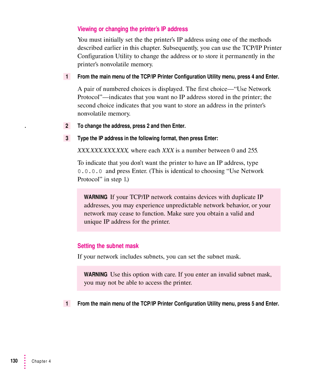 Apple 12/640PS manual Viewing or changing the printer’s IP address, Setting the subnet mask 