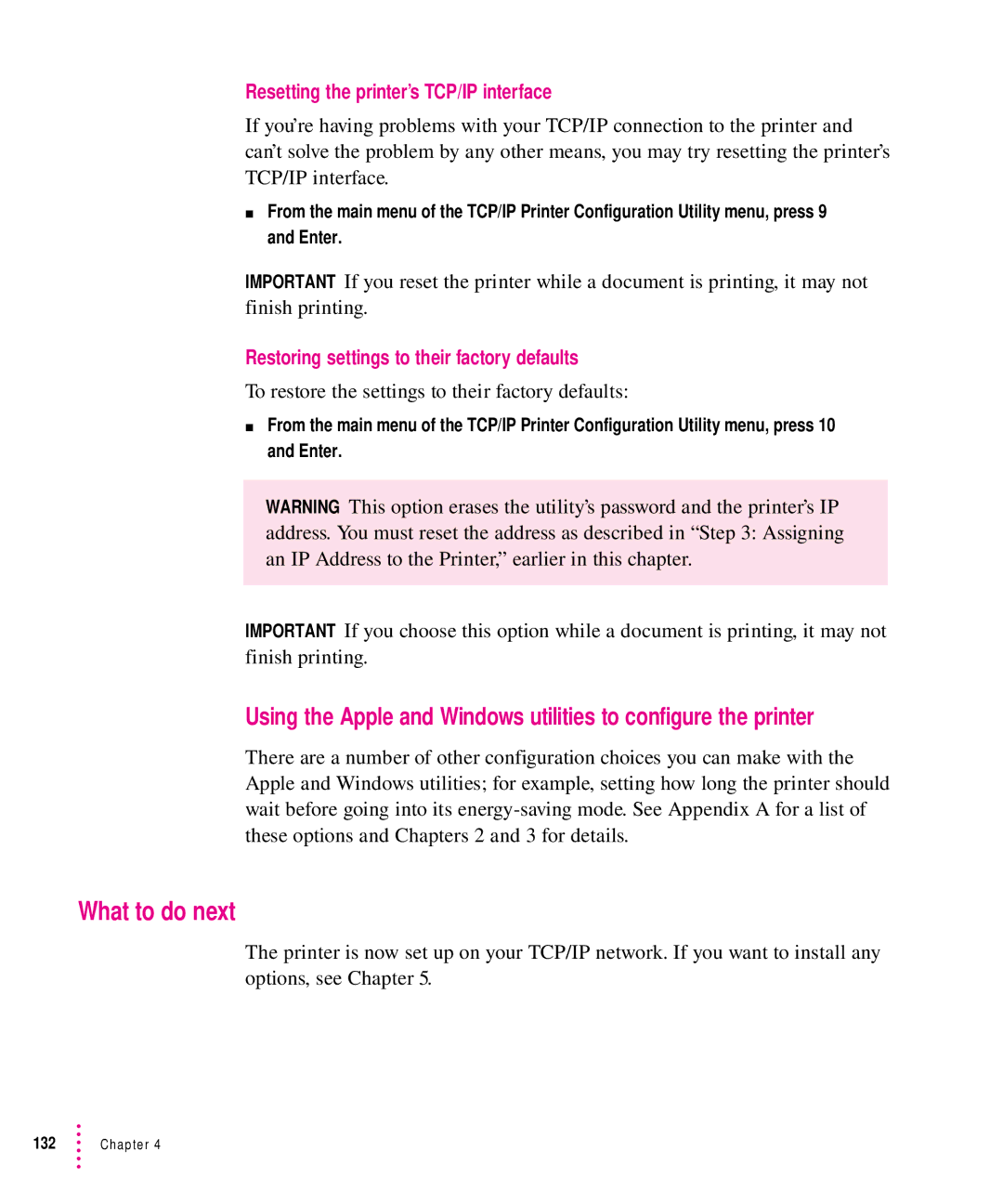 Apple 12/640PS manual Resetting the printer’s TCP/IP interface, Restoring settings to their factory defaults 