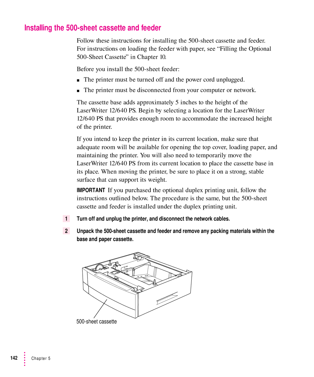 Apple 12/640PS manual Installing the 500-sheet cassette and feeder 