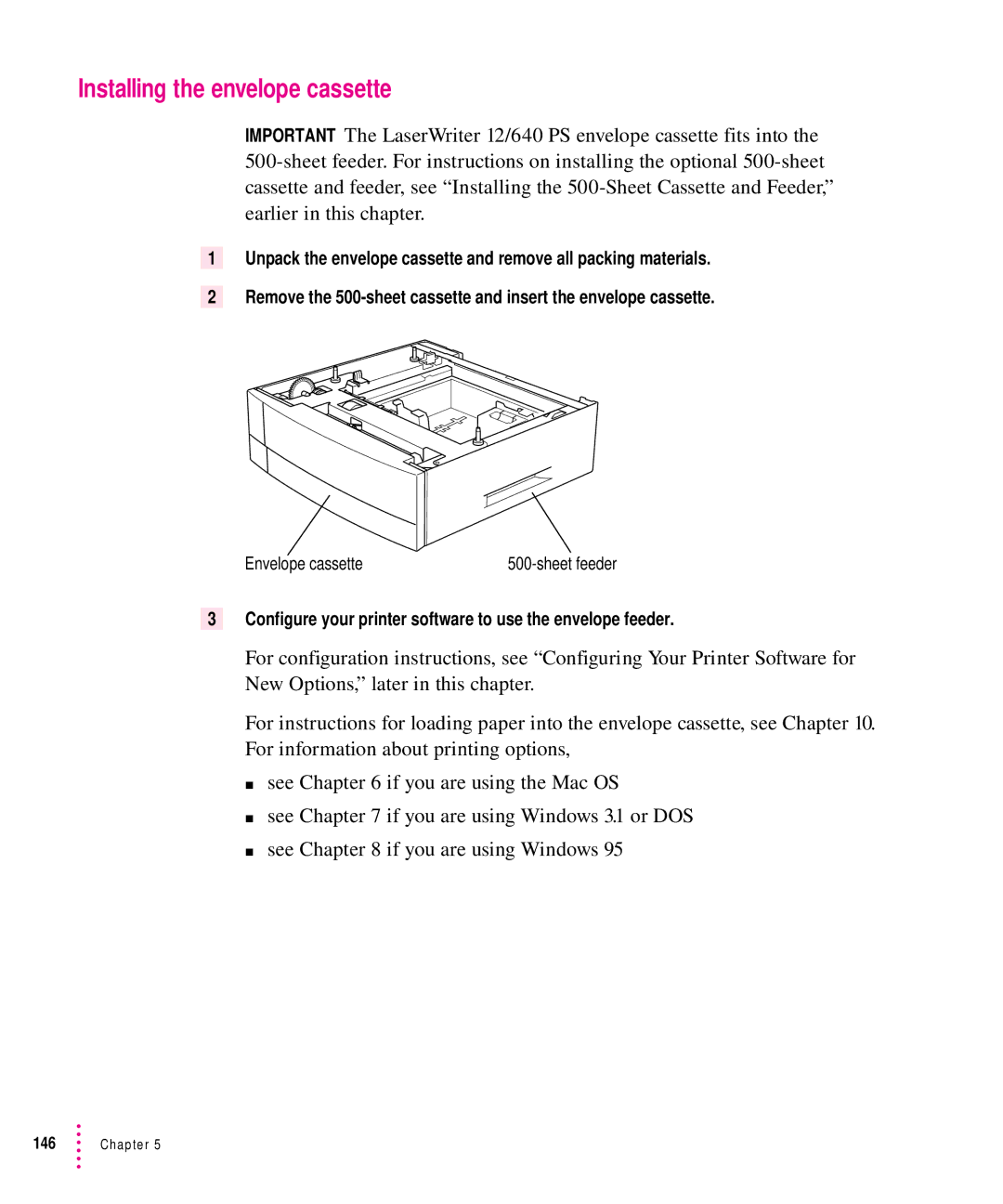 Apple 12/640PS manual Installing the envelope cassette, Configure your printer software to use the envelope feeder 