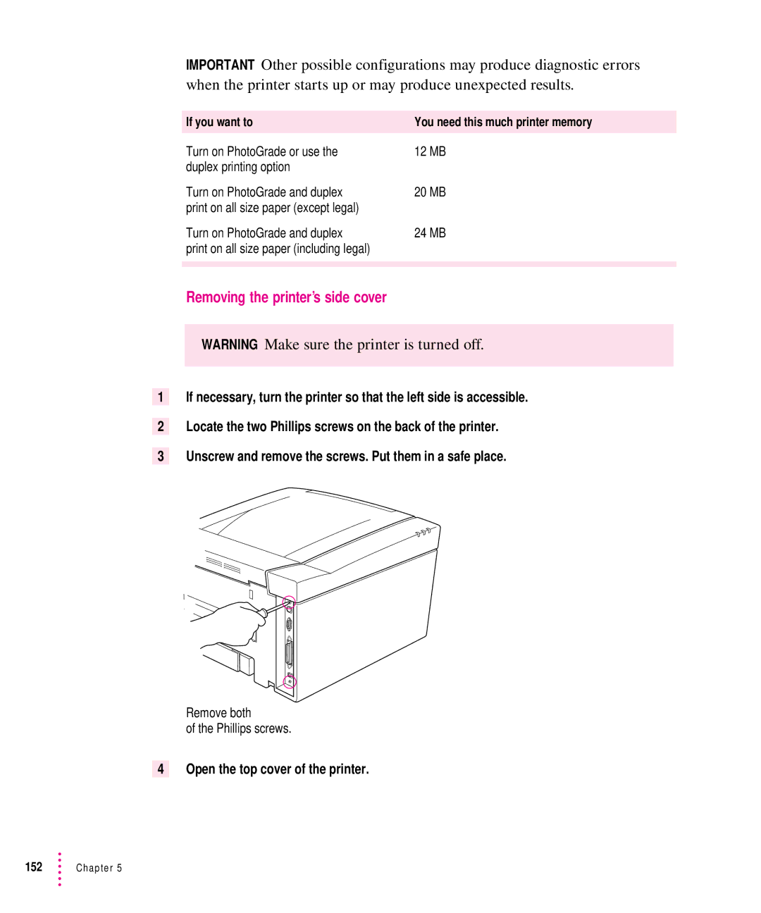 Apple 12/640PS manual Removing the printer’s side cover, Open the top cover of the printer 