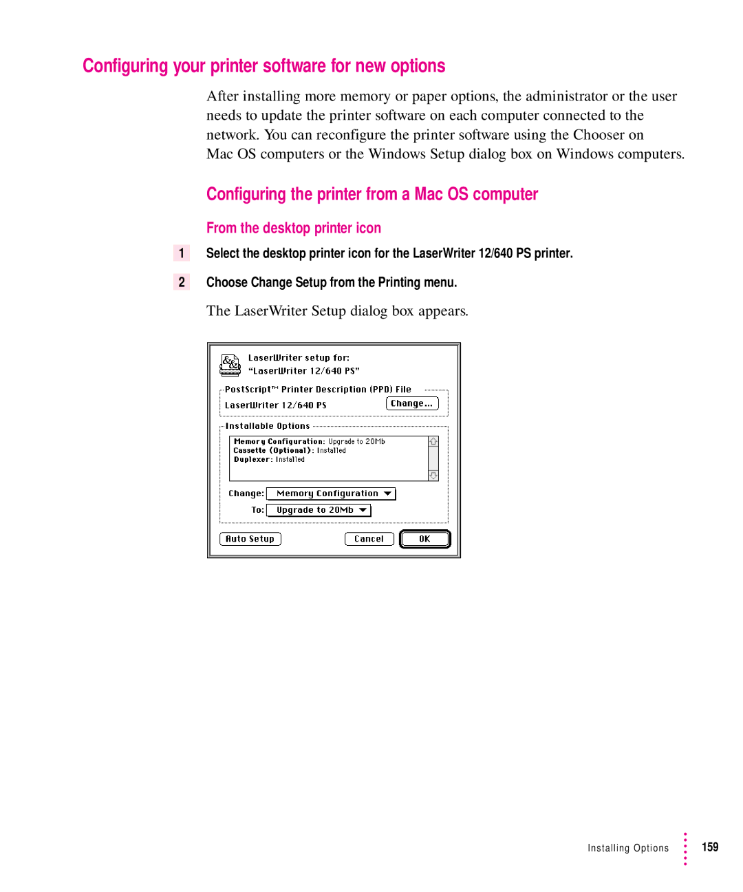 Apple 12/640PS manual Configuring your printer software for new options, Configuring the printer from a Mac OS computer 