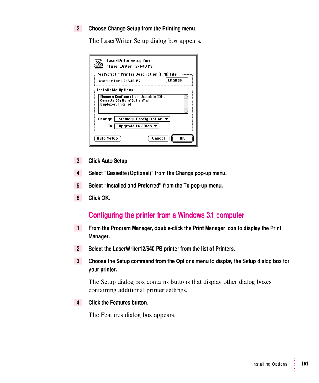 Apple 12/640PS Configuring the printer from a Windows 3.1 computer, Features dialog box appears, Click the Features button 