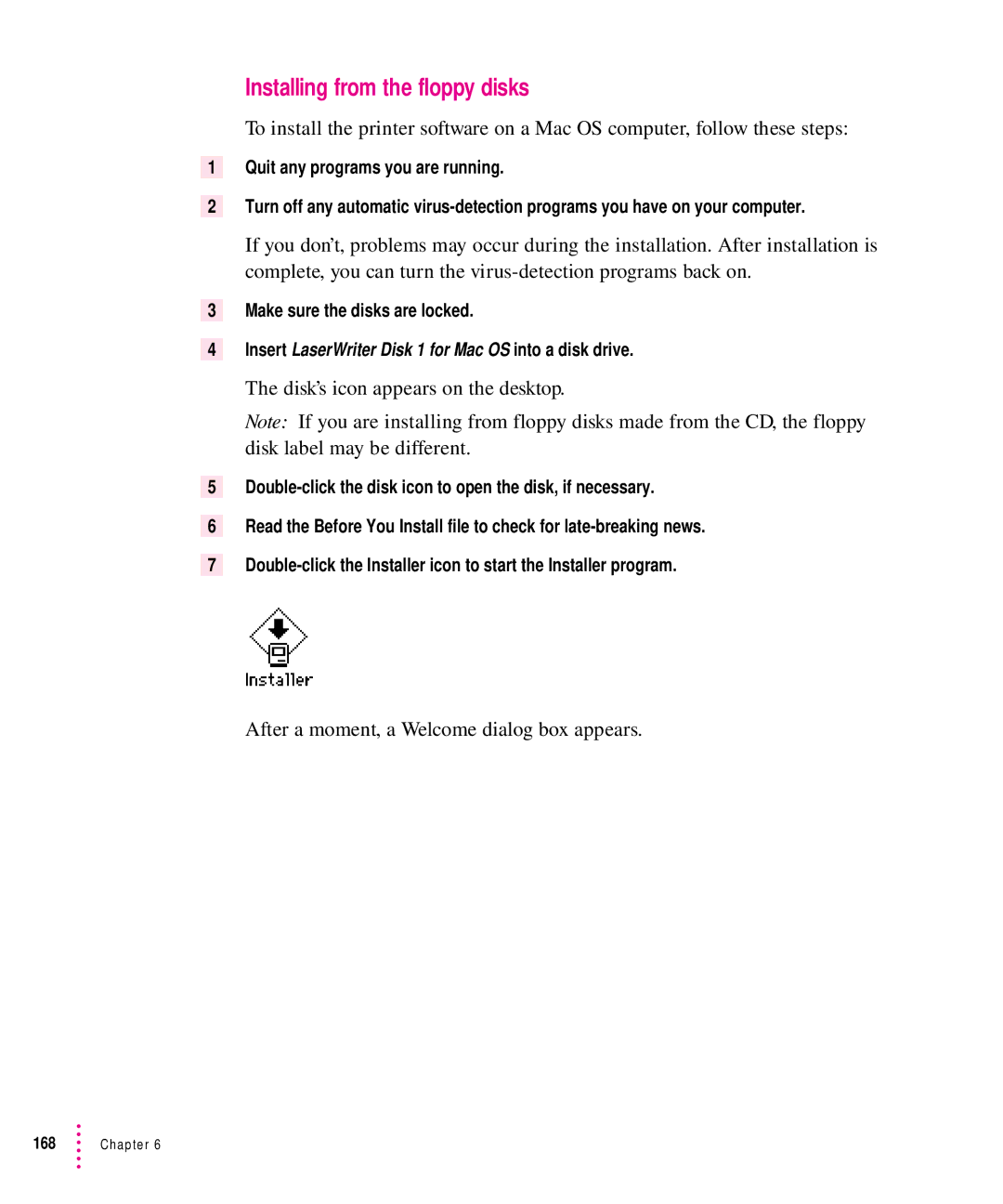 Apple 12/640PS manual Installing from the floppy disks 