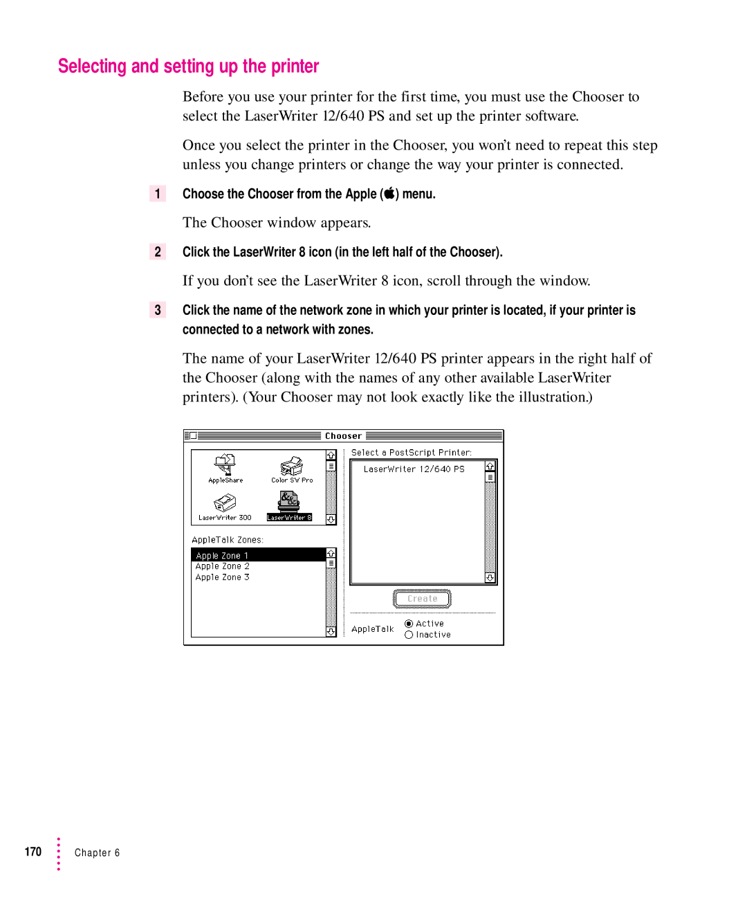 Apple 12/640PS manual Selecting and setting up the printer, Click the LaserWriter 8 icon in the left half of the Chooser 