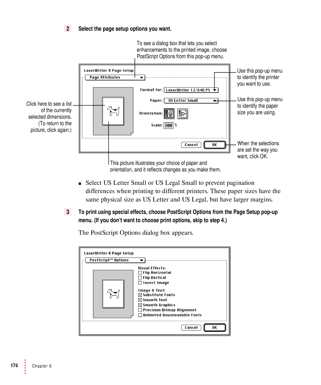 Apple 12/640PS manual PostScript Options dialog box appears, Select the page setup options you want 