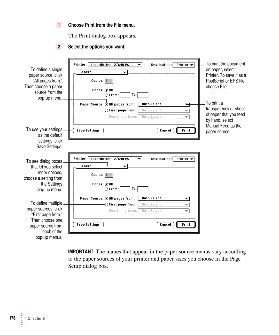 Apple 12/640PS manual Print dialog box appears, Choose Print from the File menu, Select the options you want 