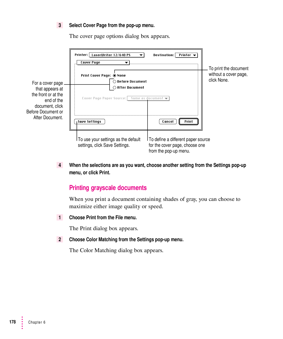 Apple 12/640PS Printing grayscale documents, Cover page options dialog box appears, Color Matching dialog box appears 