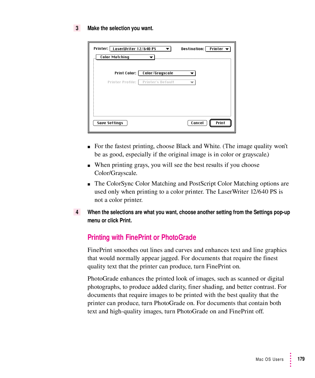 Apple 12/640PS manual Printing with FinePrint or PhotoGrade, Make the selection you want 