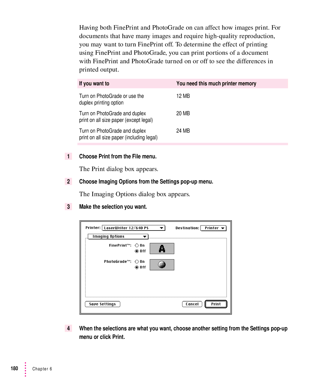 Apple 12/640PS If you want to You need this much printer memory, Choose Imaging Options from the Settings pop-up menu 