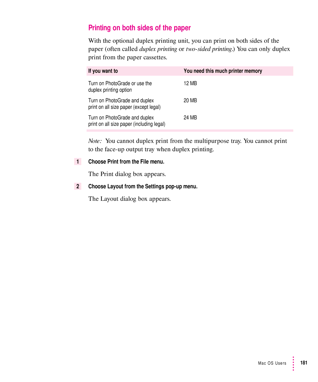 Apple 12/640PS Printing on both sides of the paper, Layout dialog box appears, Choose Layout from the Settings pop-up menu 