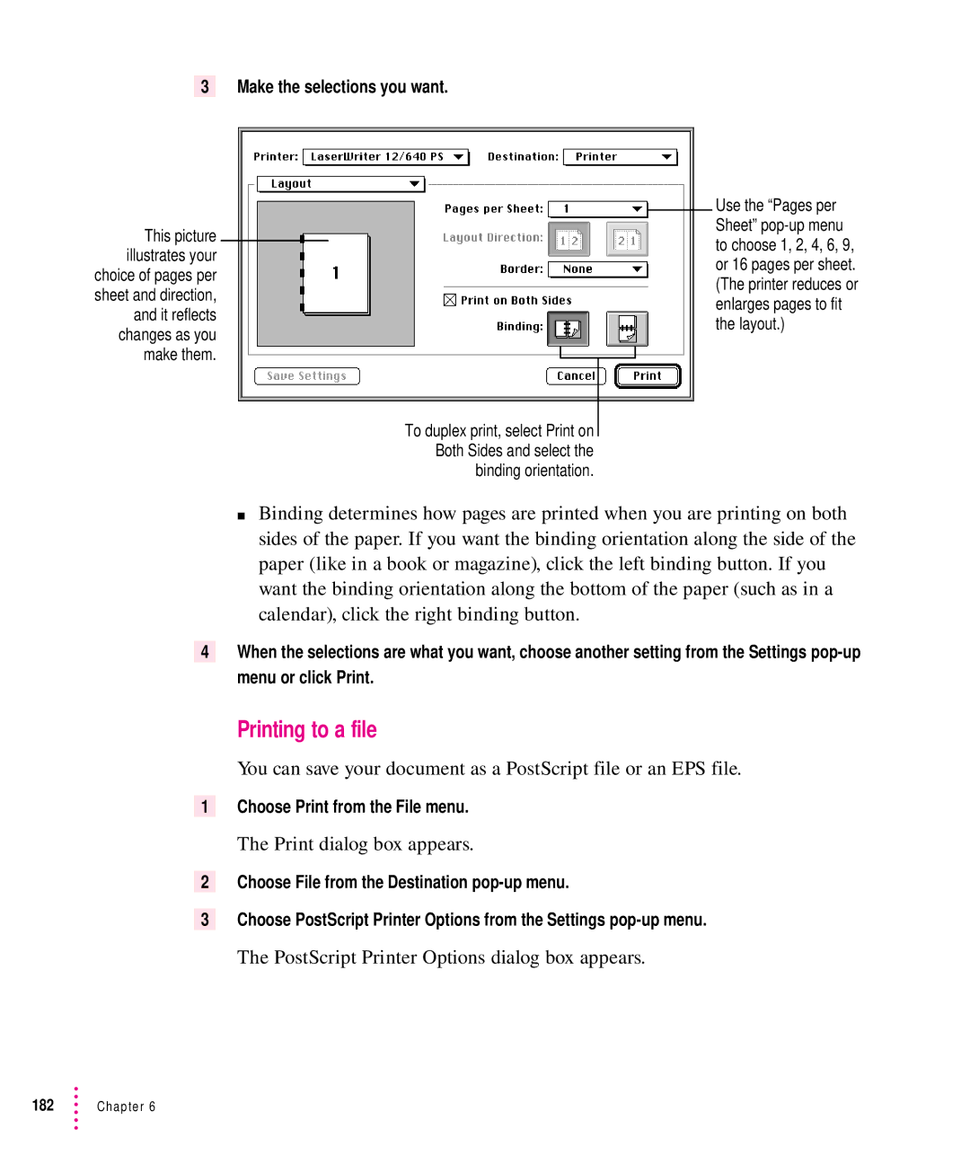 Apple 12/640PS manual Printing to a file, PostScript Printer Options dialog box appears, Make the selections you want 