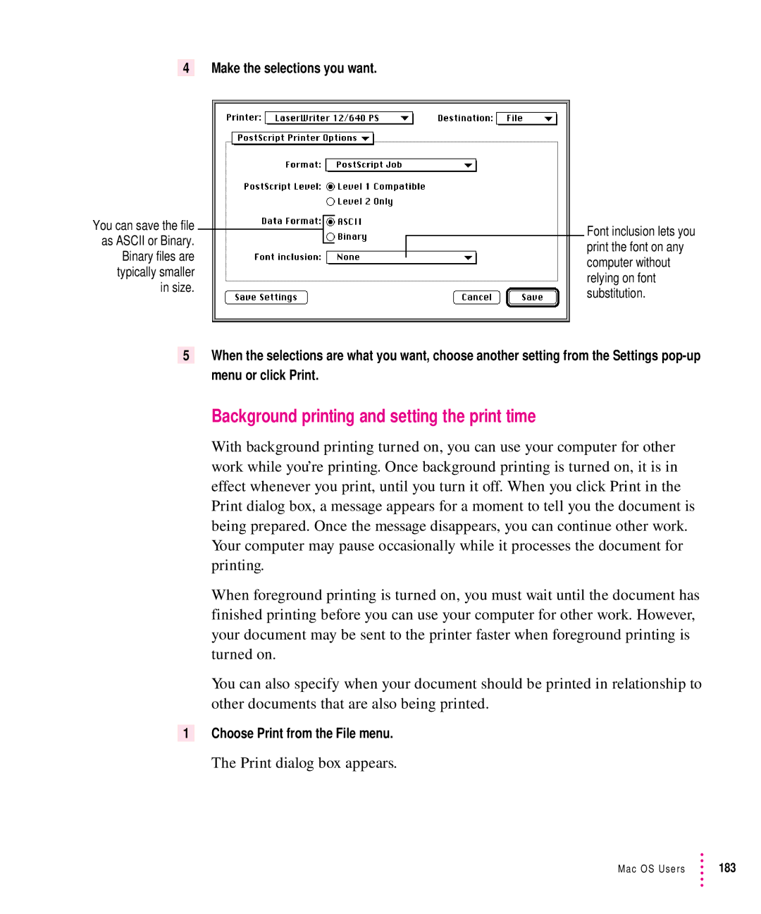 Apple 12/640PS manual Background printing and setting the print time 