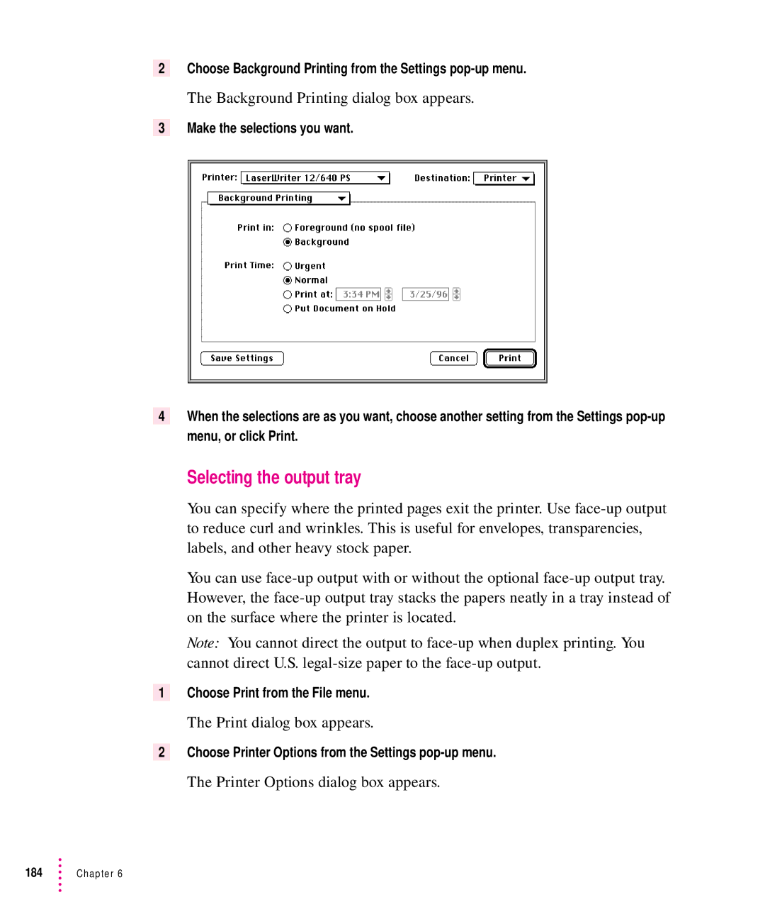 Apple 12/640PS manual Selecting the output tray, Background Printing dialog box appears, Printer Options dialog box appears 