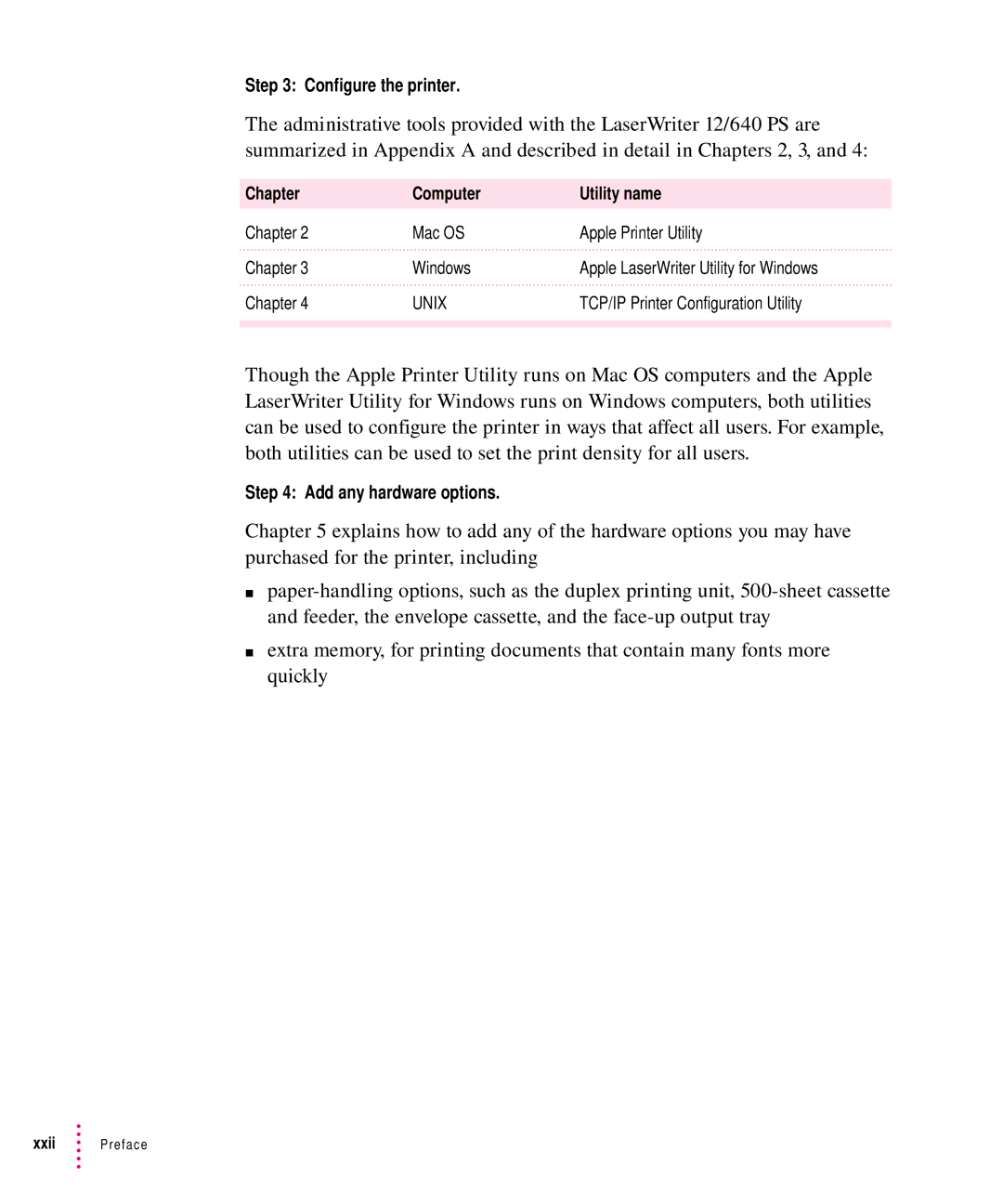 Apple 12/640PS manual Configure the printer, Chapter Computer Utility name, Add any hardware options 