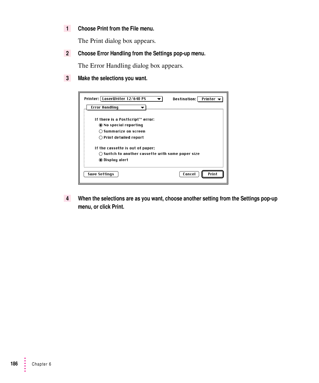 Apple 12/640PS manual Error Handling dialog box appears, Choose Error Handling from the Settings pop-up menu 