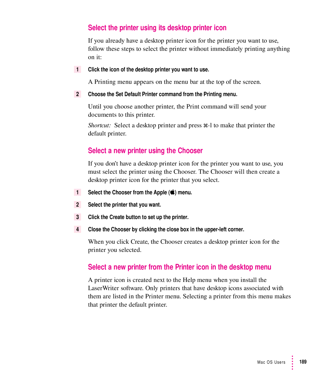 Apple 12/640PS manual Select the printer using its desktop printer icon, Select a new printer using the Chooser 