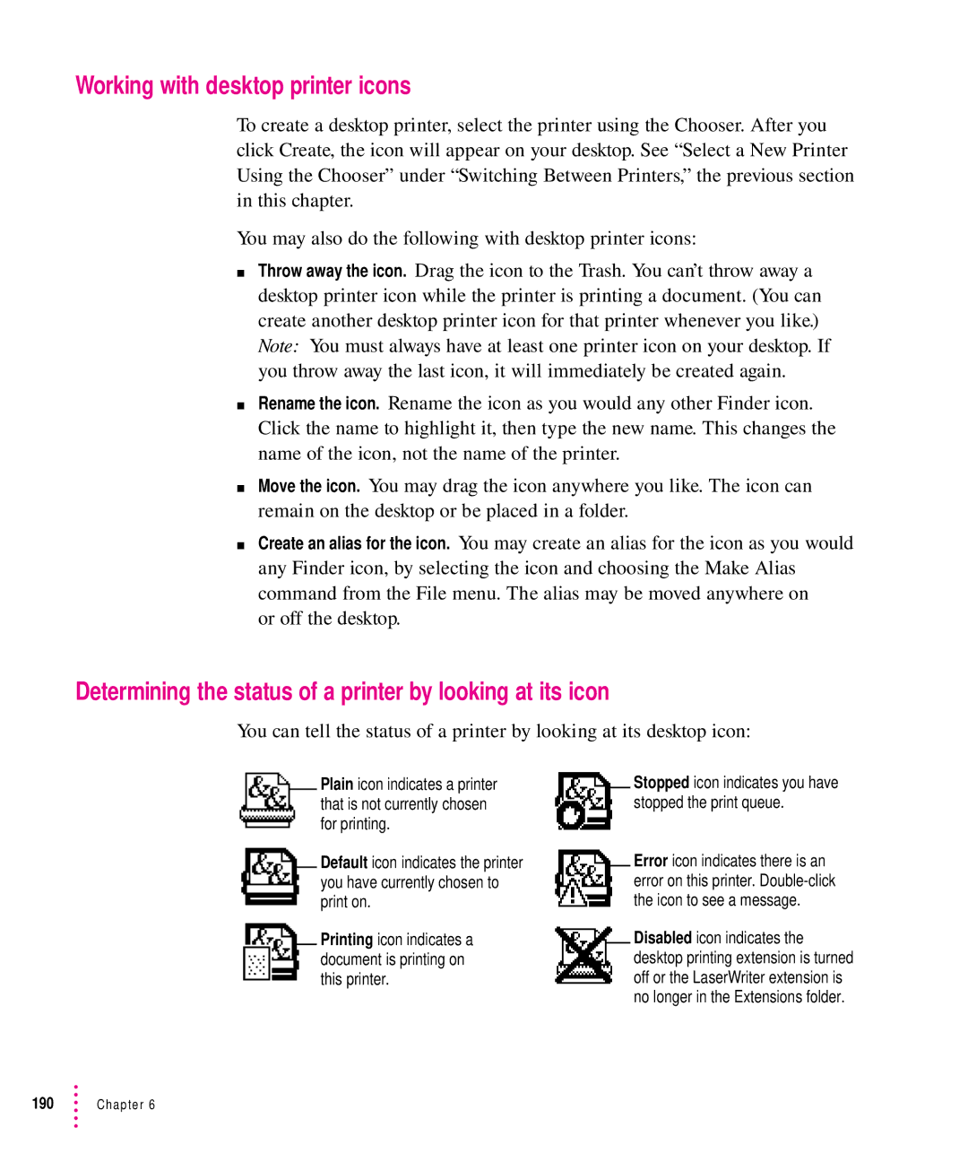 Apple 12/640PS manual Working with desktop printer icons, Determining the status of a printer by looking at its icon 