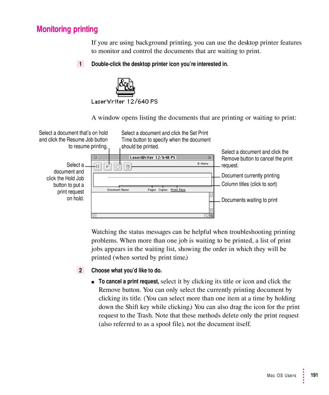 Apple 12/640PS Monitoring printing, Double-click the desktop printer icon you’re interested, Choose what you’d like to do 