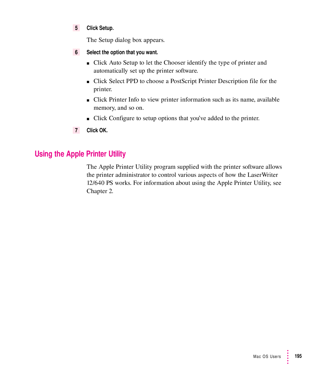 Apple 12/640PS manual Click Setup, Select the option that you want 