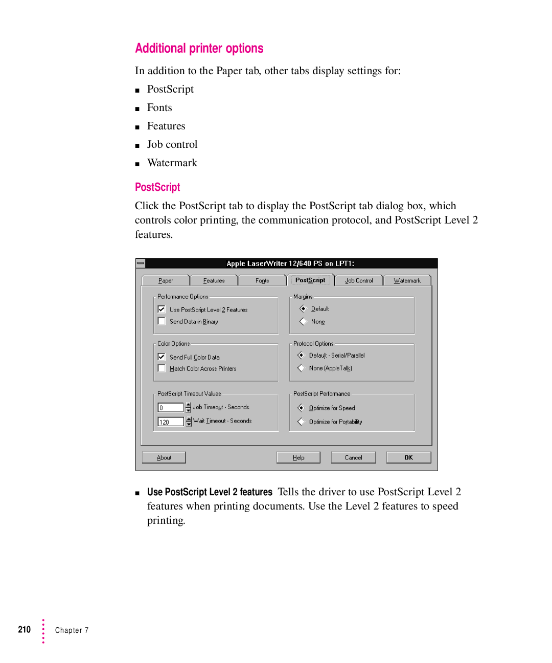 Apple 12/640PS manual Additional printer options, PostScript 