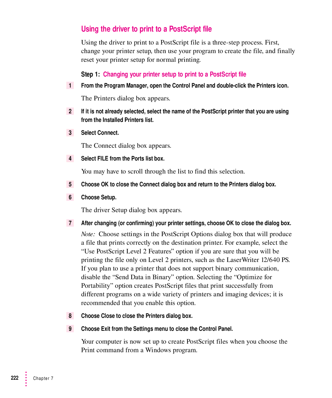 Apple 12/640PS Using the driver to print to a PostScript file, Changing your printer setup to print to a PostScript file 