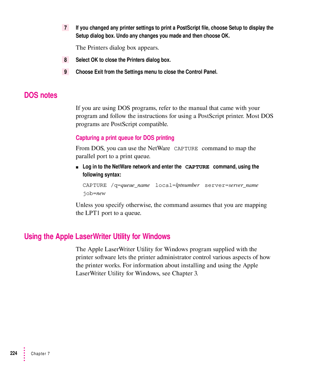 Apple 12/640PS manual DOS notes, Using the Apple LaserWriter Utility for Windows, Capturing a print queue for DOS printing 