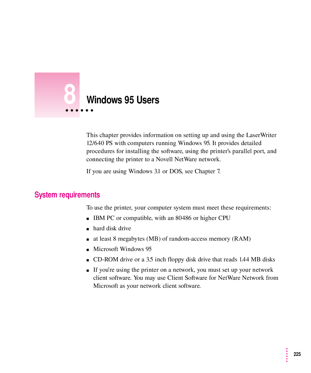 Apple 12/640PS manual Windows 95 Users, System requirements 